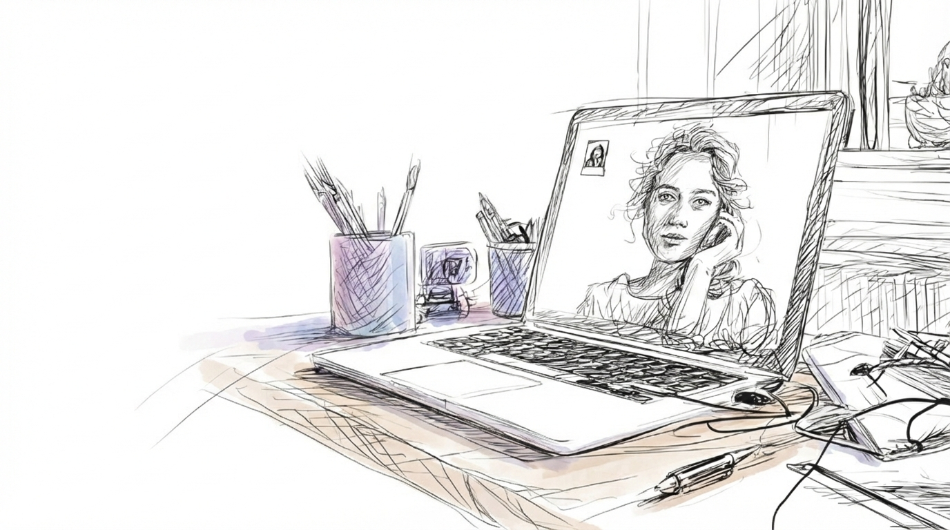 A woman on video, resting her face on hand. Pencils in holders and cups on table create a creative workspace.