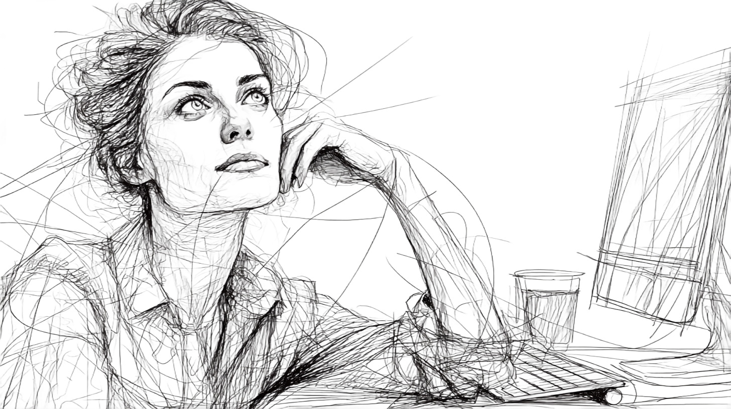Sketch of a thoughtful person on the phone, surrounded by chaotic lines. A coffee cup and computer in the background suggest a busy setting.