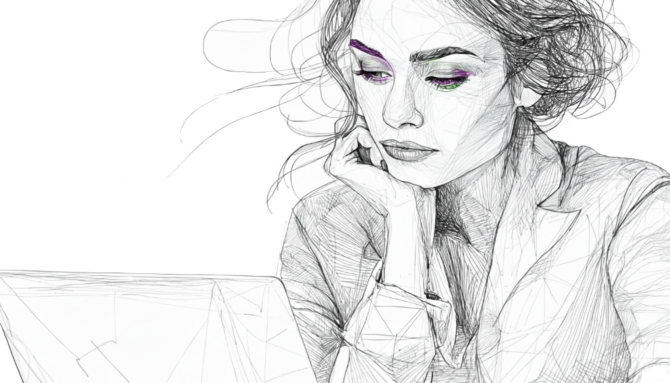 Sketch of a woman with colorful eye makeup, leaning on her hand, focused on a laptop. Her hair is loose, and the background is white.