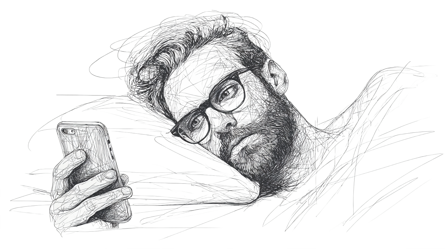 A man with glasses, holding a smartphone. He is lying on the bed.
