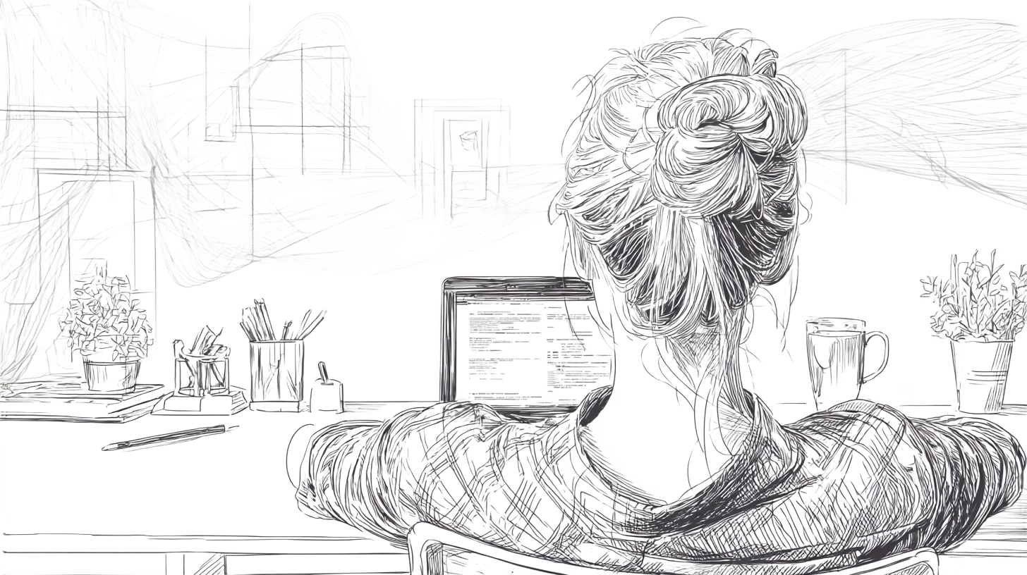 Person working on a laptop at a cluttered desk with plants and stationery.