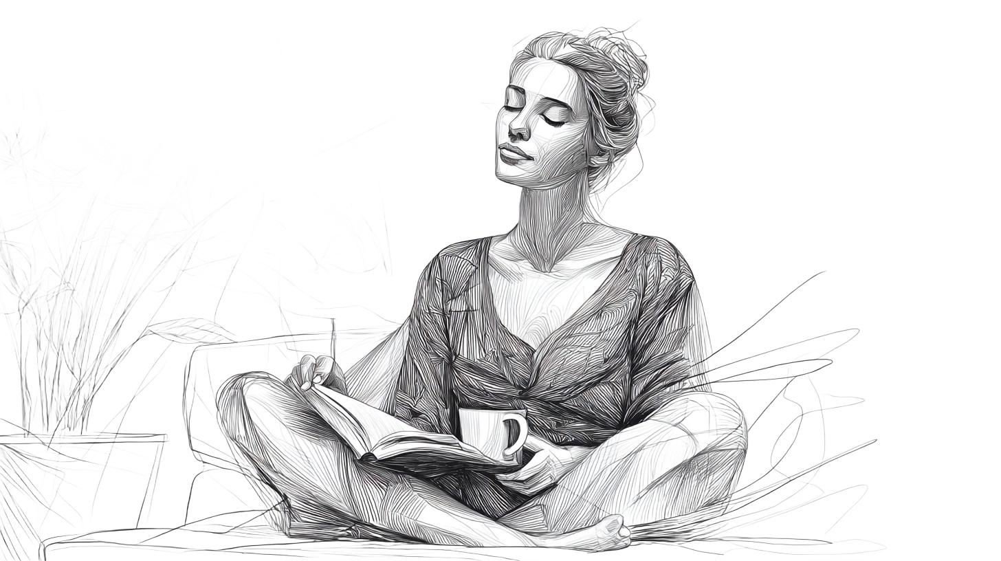 Woman sitting cross-legged, eyes closed, holding coffee and open book.