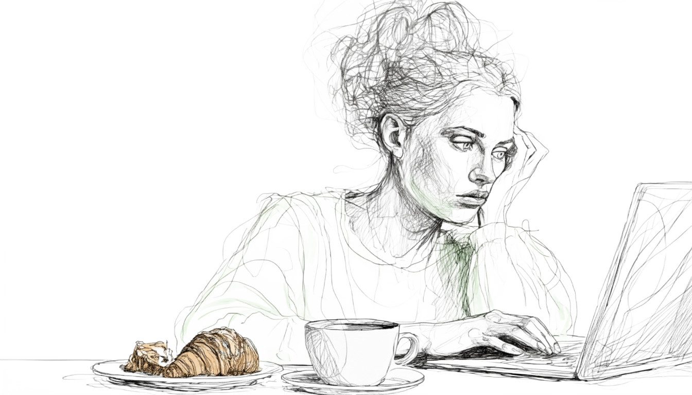 A sketched woman intently types on a laptop with a coffee and croissant nearby, surrounded by abstract lines, giving a focused mood.