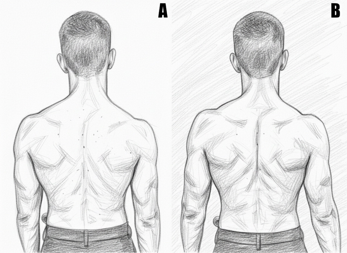 Two detailed pencil sketches of a man's back labeled A and B, showing muscle definition variations. Neutral expression, simple white background.