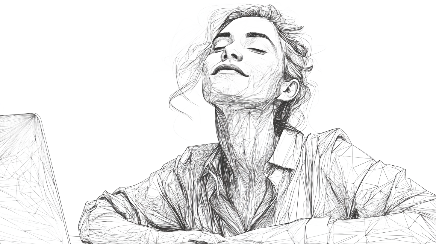 Artistic sketch of a woman with closed eyes and serene expression, head tilted back. Intricate line patterns form her hair and shirt.