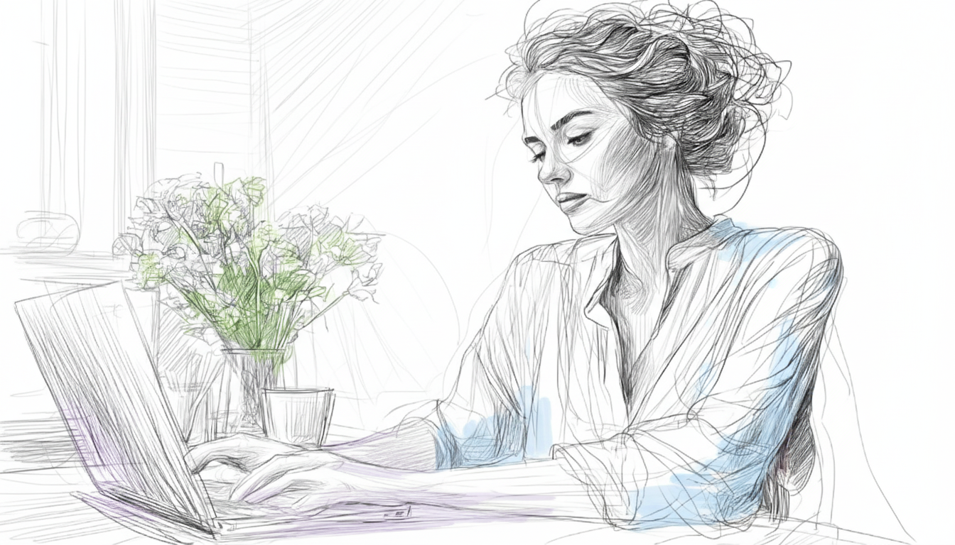 A woman typing on a laptop, with a vase of flowers nearby