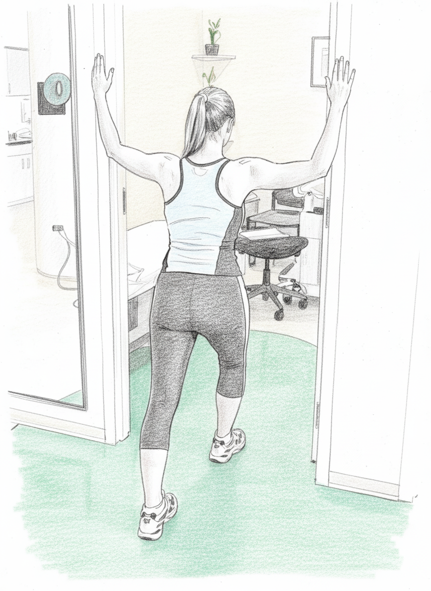 Woman stretching arms against a door frame in an office. She's wearing a tank top and leggings. A plant and chair are in the background.