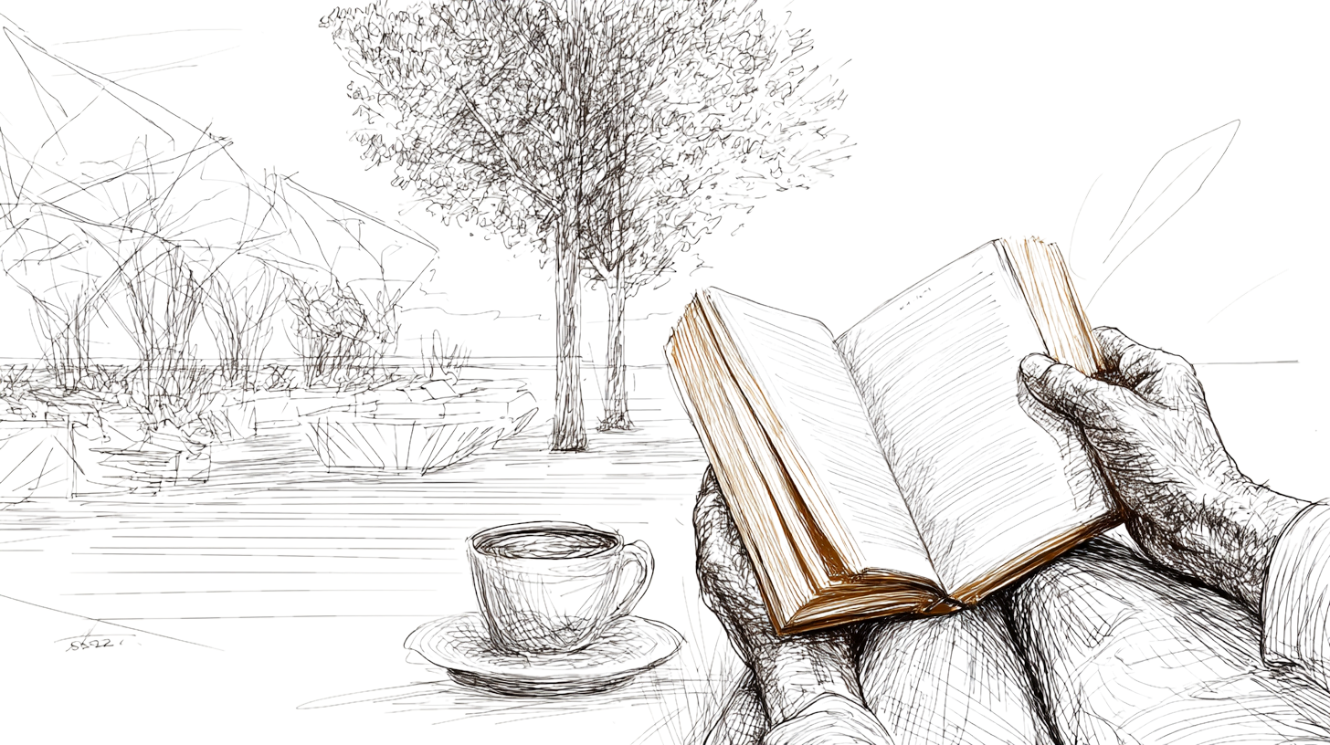 Hands hold an open book with a cup of coffee nearby. A tree and abstract lines form the background, creating a peaceful, sketch-like scene.