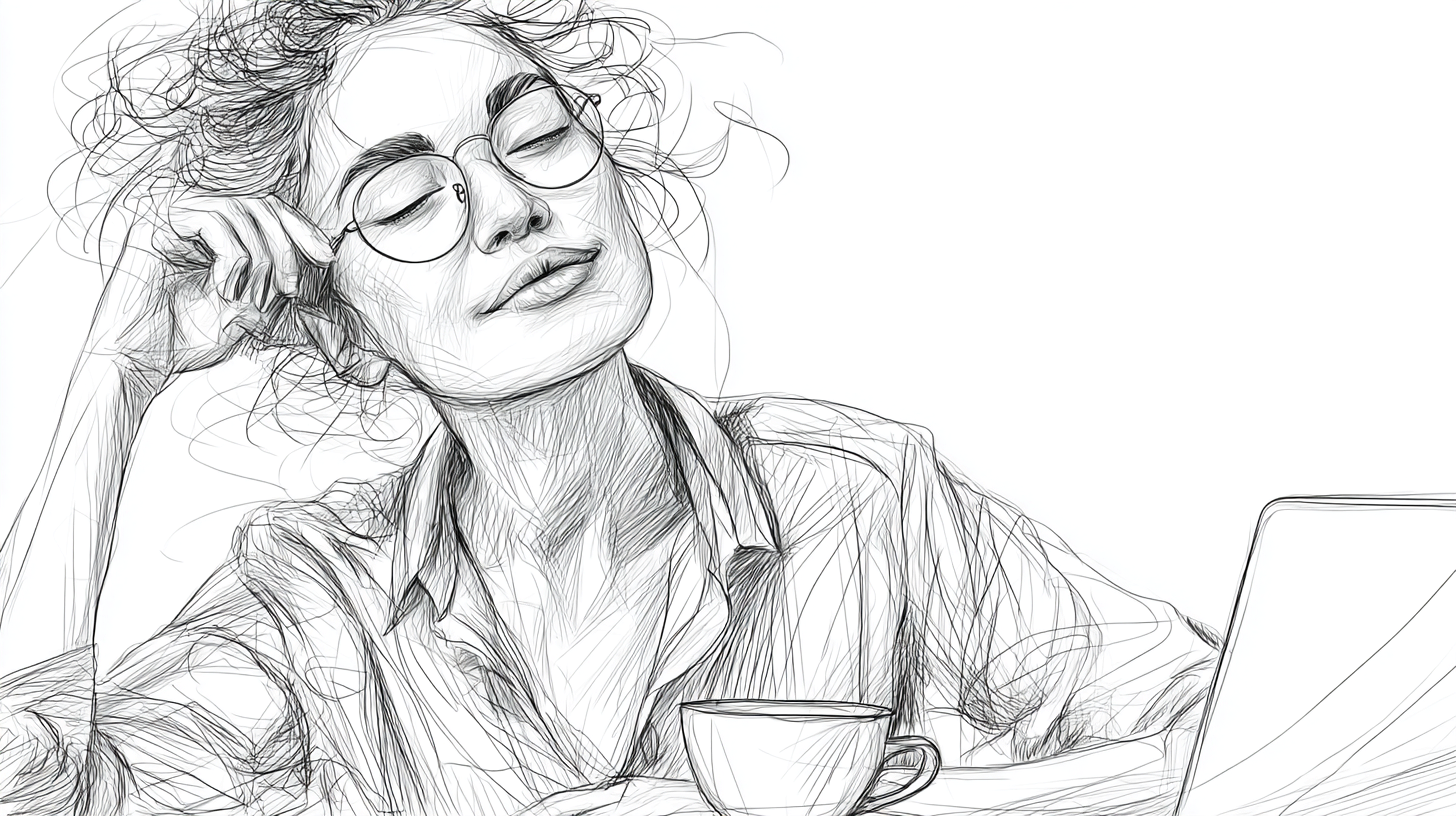 A relaxed woman with glasses, eyes closed. She's leaning on a hand near a coffee cup with a laptop. Minimalist, calm vibe.