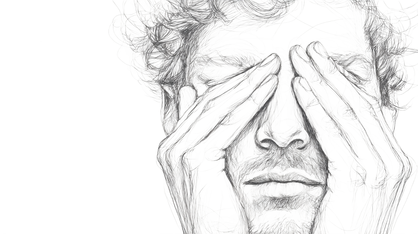 Abstract sketch of a person with hands covering their eyes, intricate swirling lines form hair and fingers, creating a mysterious, introspective mood.