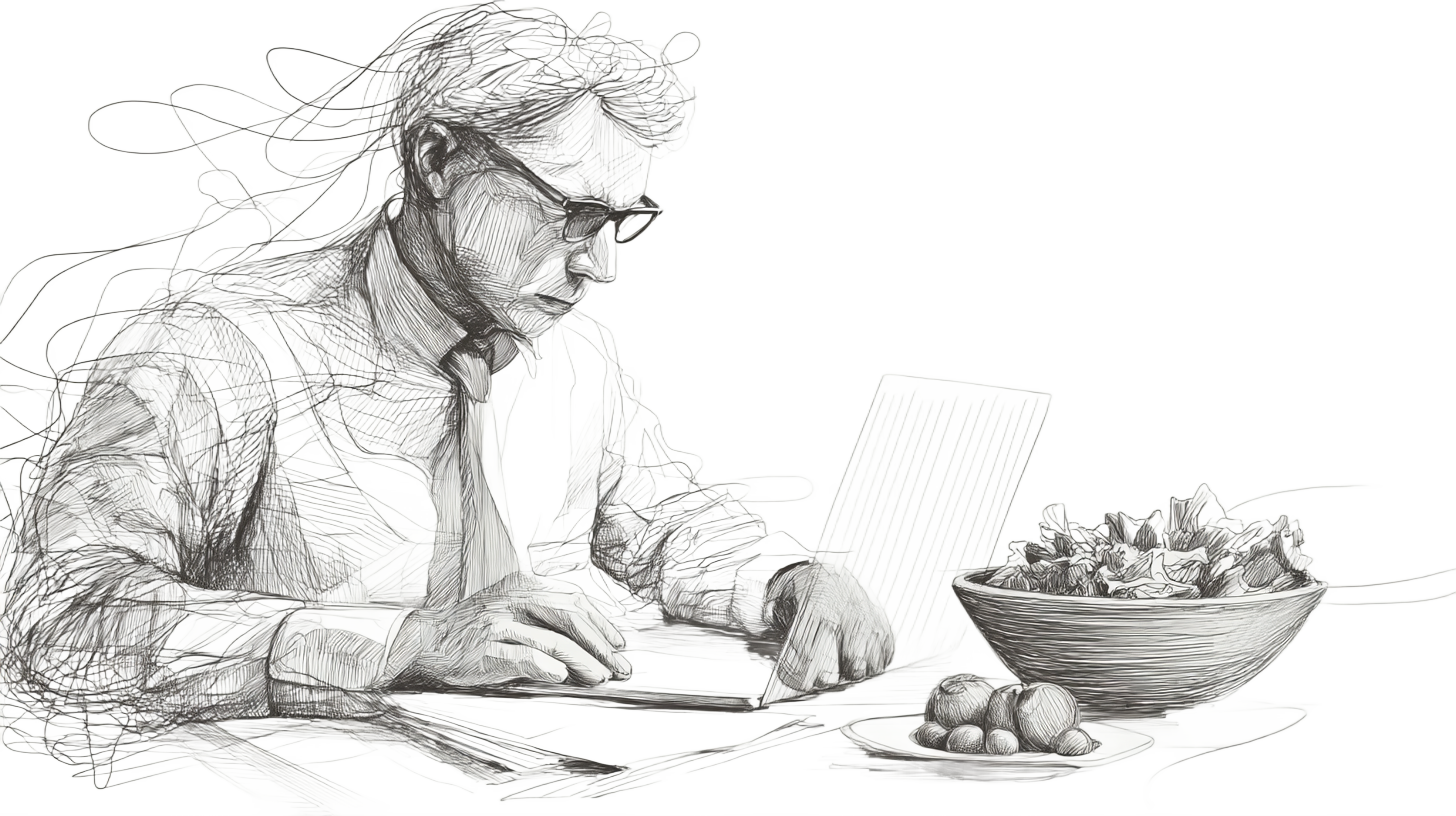A man working at his desk and a bowl of salad and a small plate of nuts are placed near his desk.
