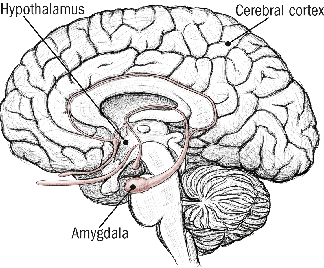 Human brain highlighting the hypothalamus, amygdala, and cerebral cortex.