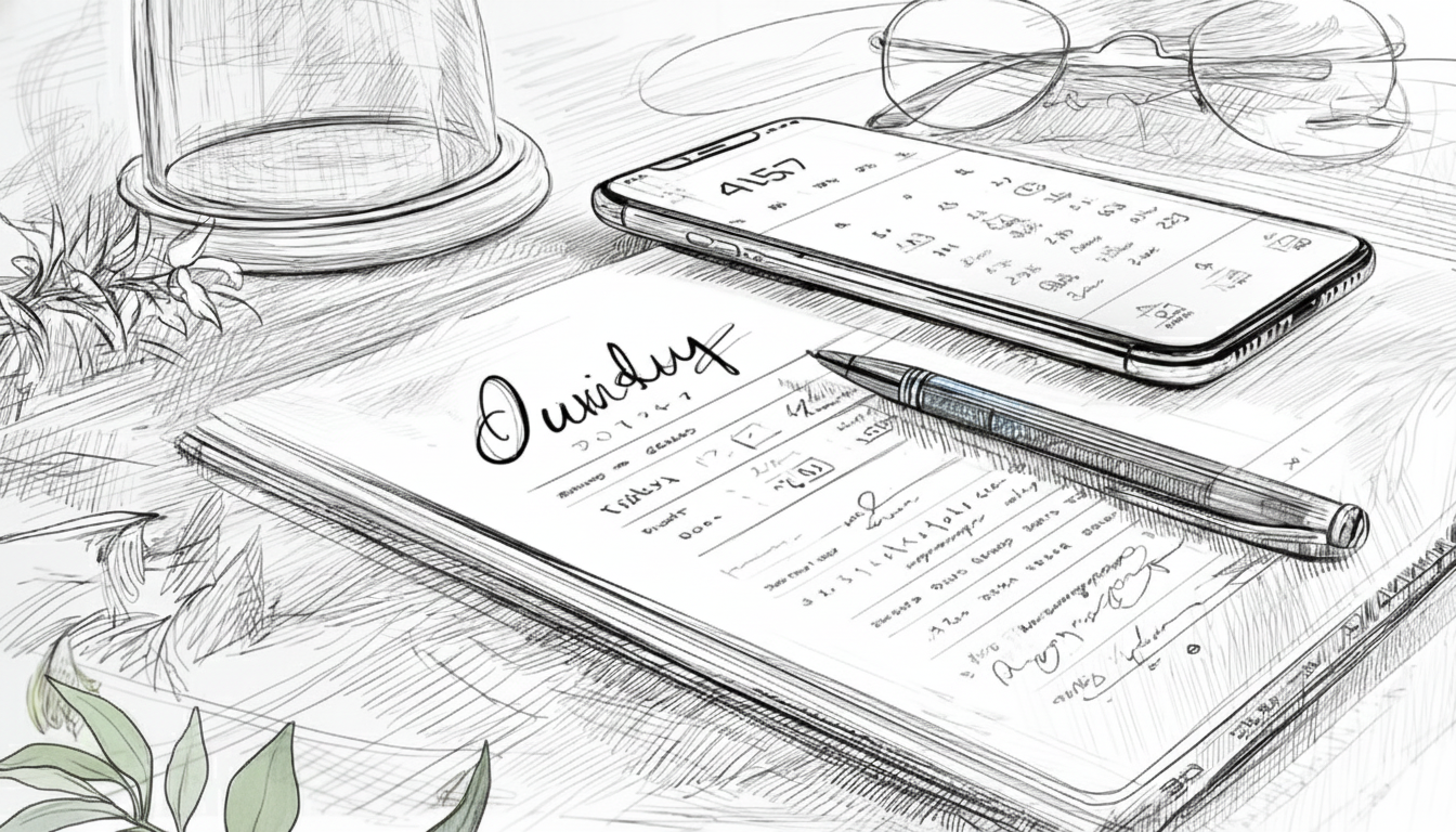 Desk with a smartphone displaying 4:57, a calendar, pen on open notebook with "Sunday" written, glasses, and foliage nearby. Sketch style.