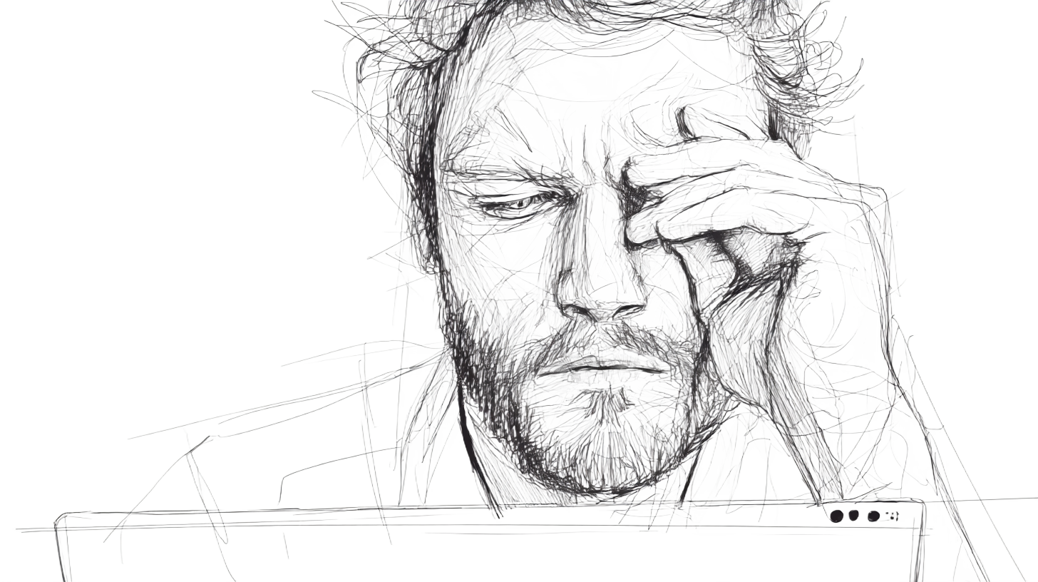 A person with tired eyes, working on screen.