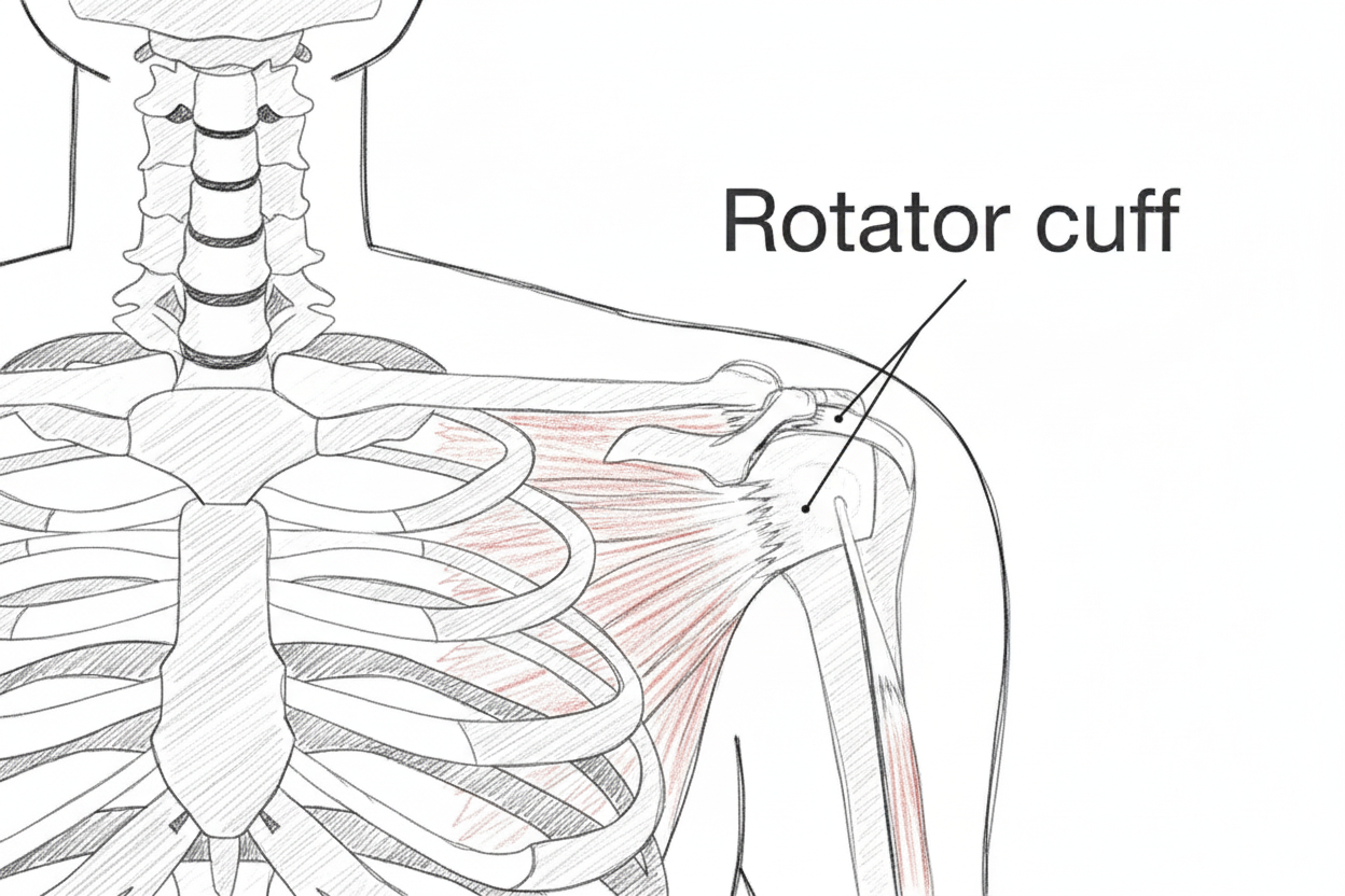 Annotated illustration of a rotator cuff in the human shoulder, showing muscles and bones. Text labels the "Rotator cuff" in the upper right.