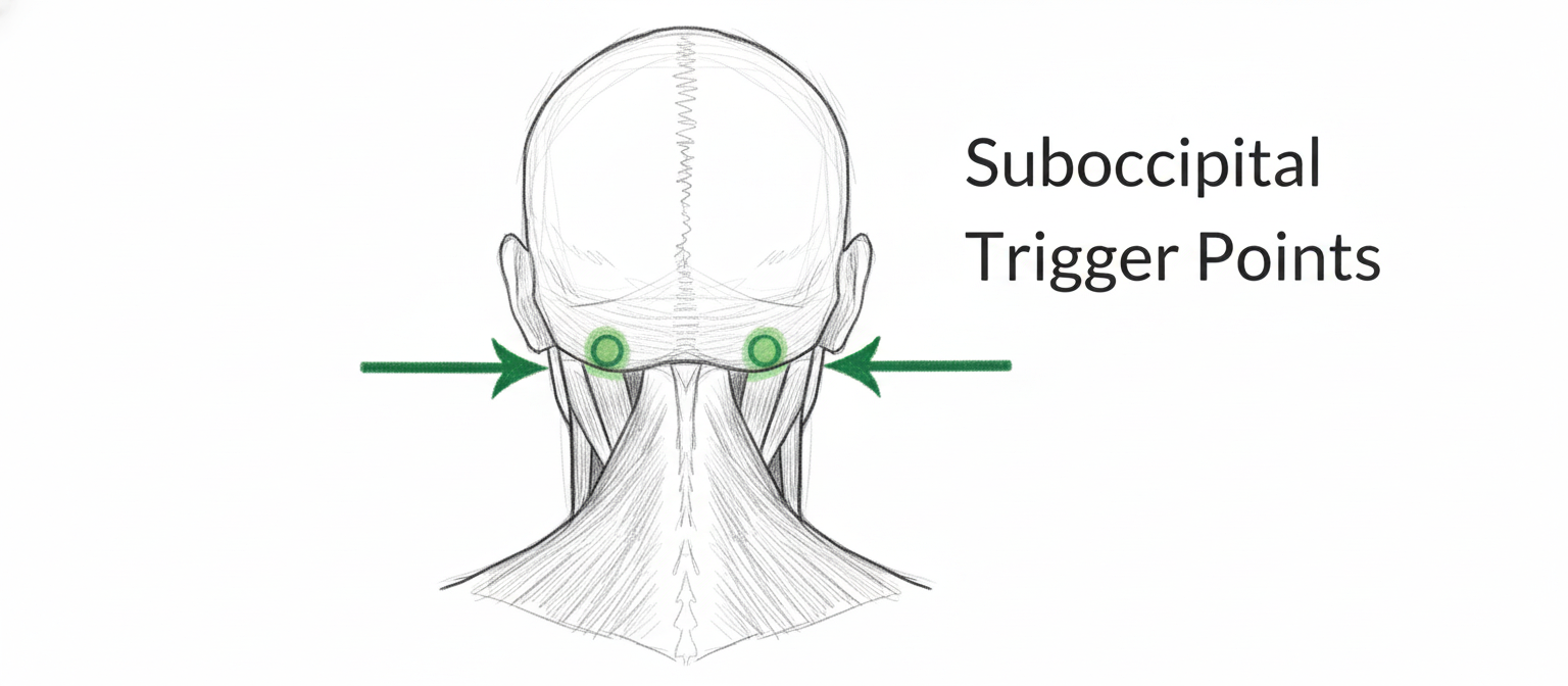 Diagram of a head's back shows suboccipital trigger points marked with green dots and arrows. Text reads "Suboccipital Trigger Points."