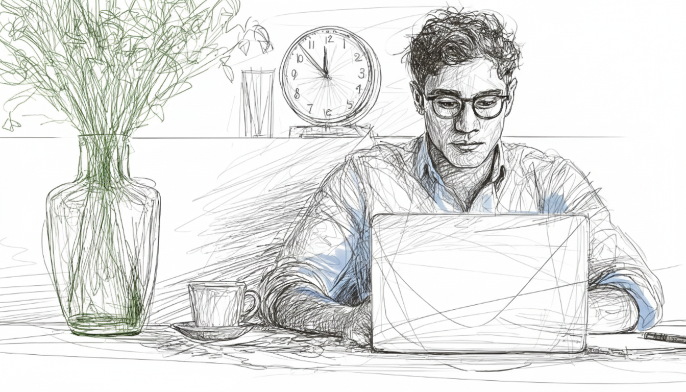 A man with glasses works intently on a laptop. A plant in a vase, a clock, and a coffee cup are in the background, creating a calm setting.