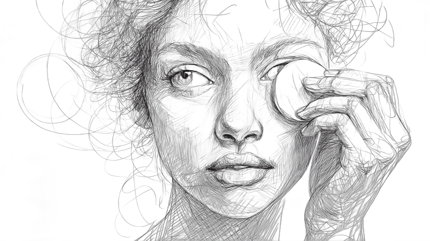 Abstract sketch of a face with a hand holding an object near one eye. The lines are white against a black background, creating a mysterious mood.