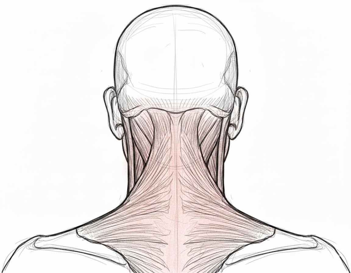Illustrated human neck and shoulder muscles from a back view, detailed in shades of brown and black, against a white background.