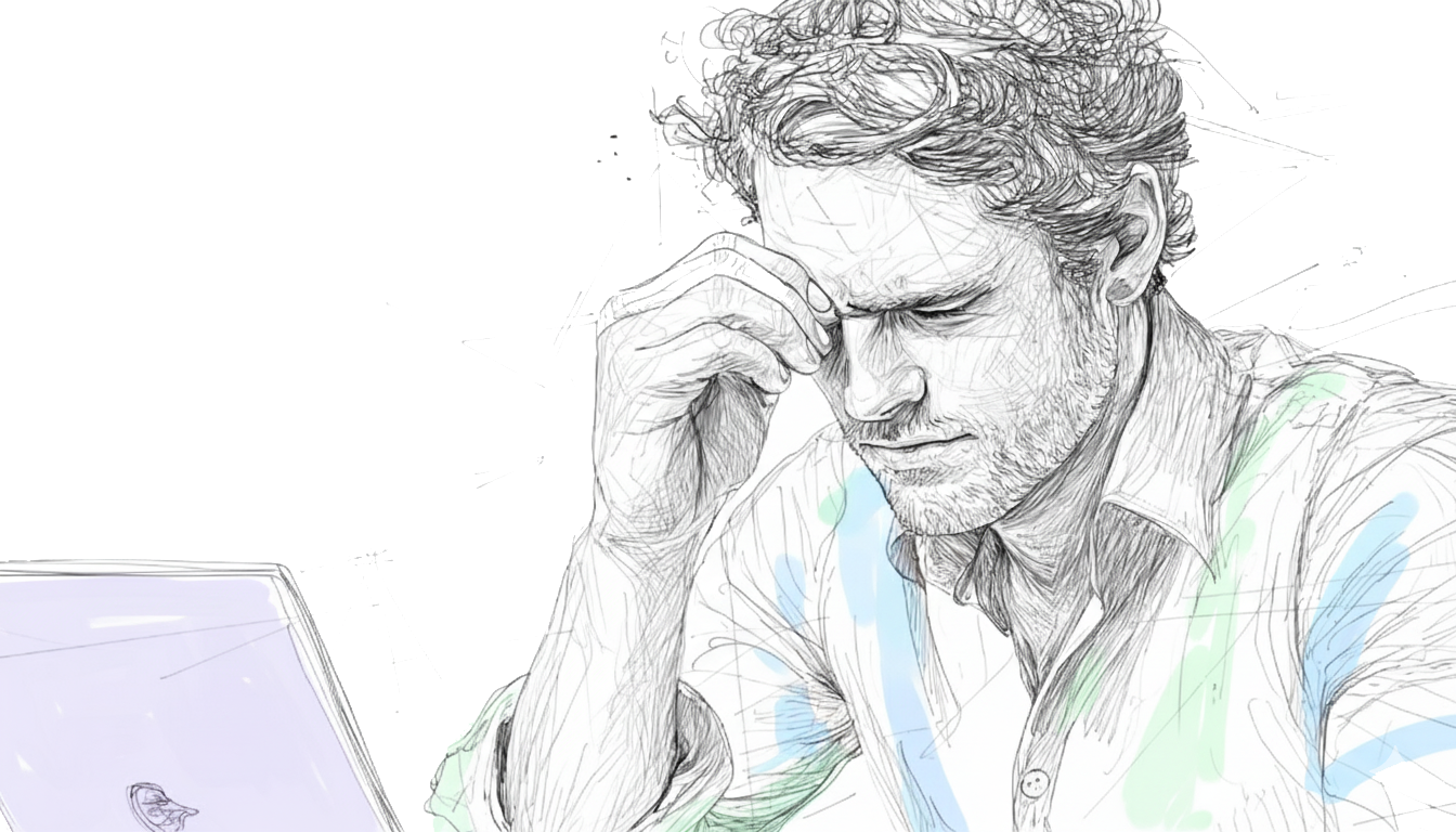 A man concentrating, hand on forehead, next to a laptop.