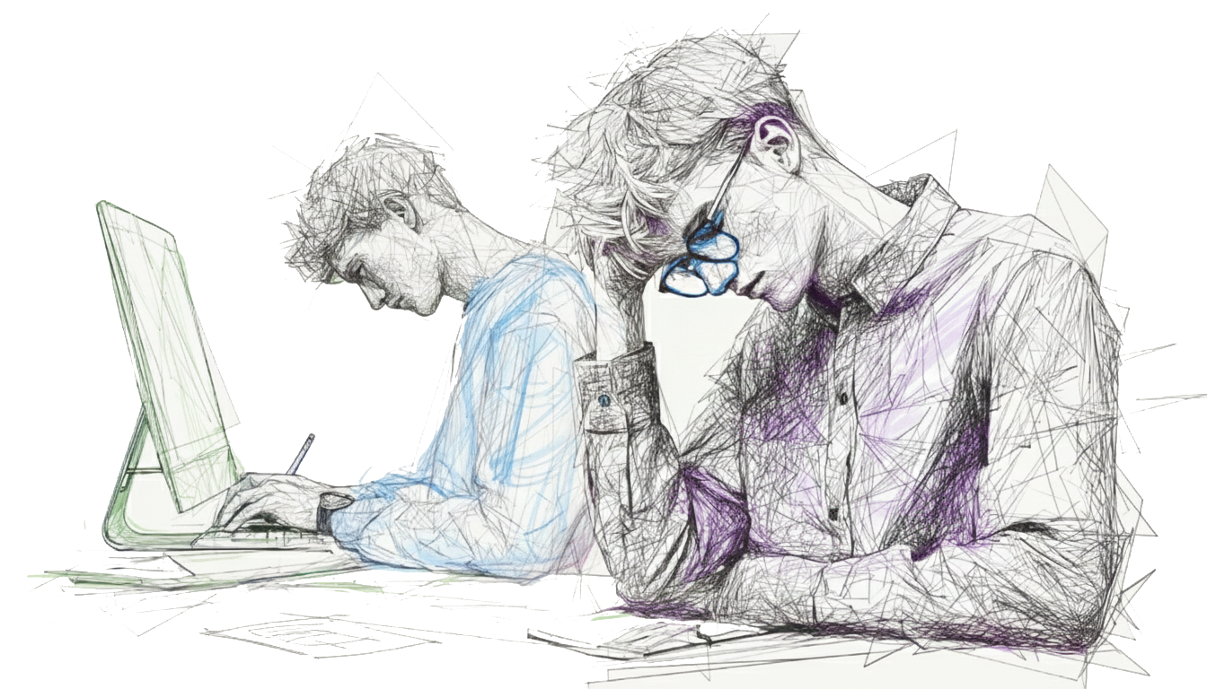 Two people sketched in pastel colors, focused and concentrated, working on computers in a minimalist setting. Mood is thoughtful.