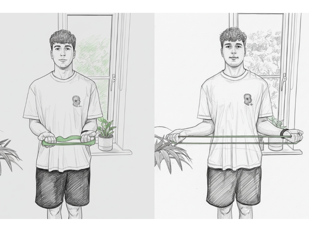Man holding green resistance band indoors, wearing a white shirt and black shorts. Plants and window with greenery in background. Calm mood.
