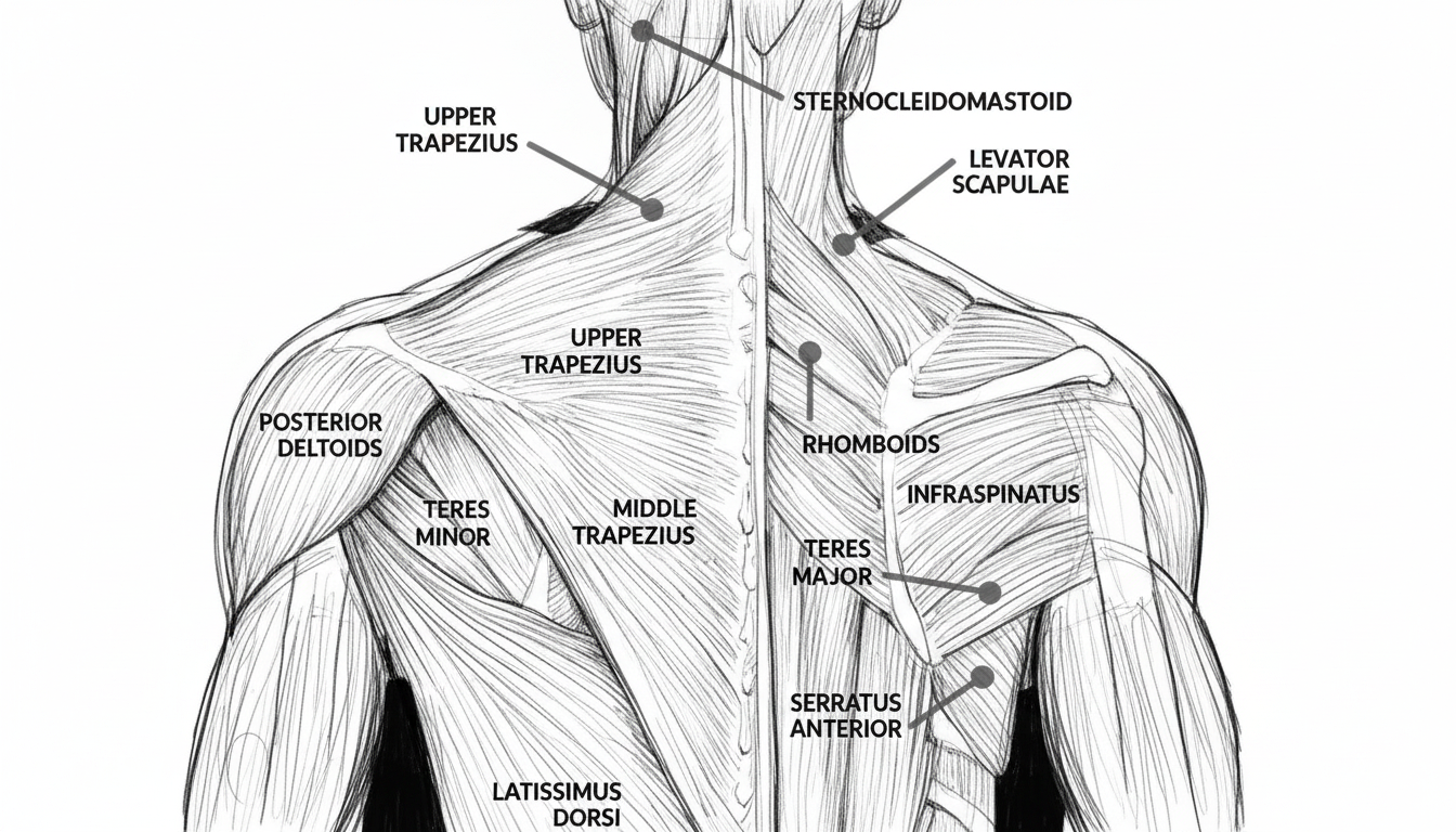 Anatomical illustration of the upper back muscles labeled, including trapezius, deltoids, and rhomboids. Black lines on white background.