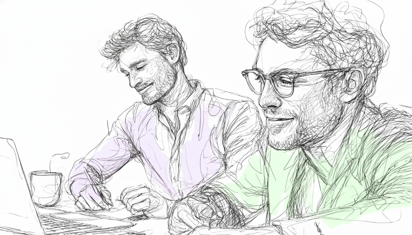 Two men sketch in pastel colors, smiling while working on laptops. A cup steams beside them, creating a relaxed, creative atmosphere.