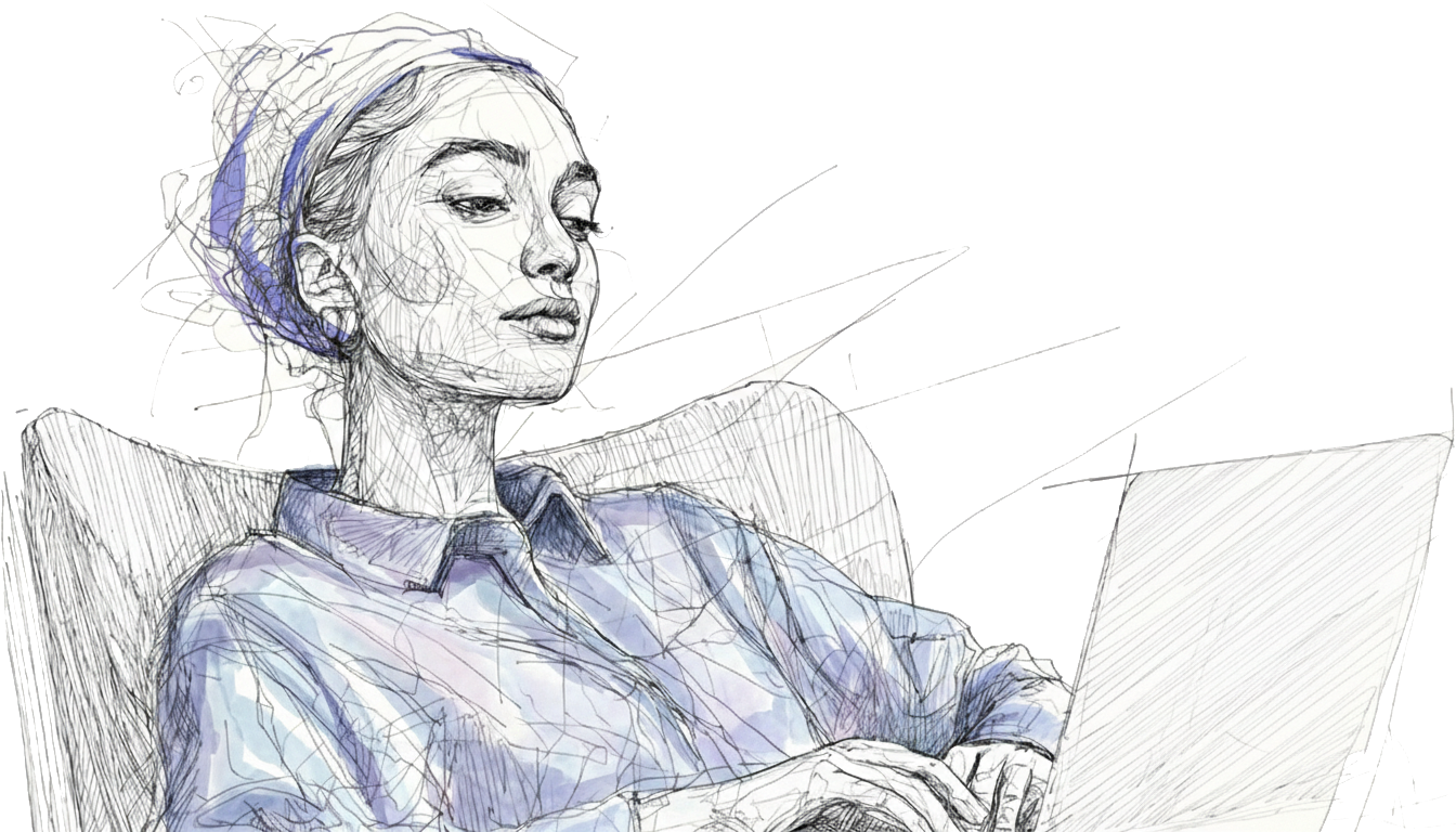 A person with a headscarf, focused on typing on a laptop. Wearing a blue plaid shirt, seated on a chair, with a pensive expression.