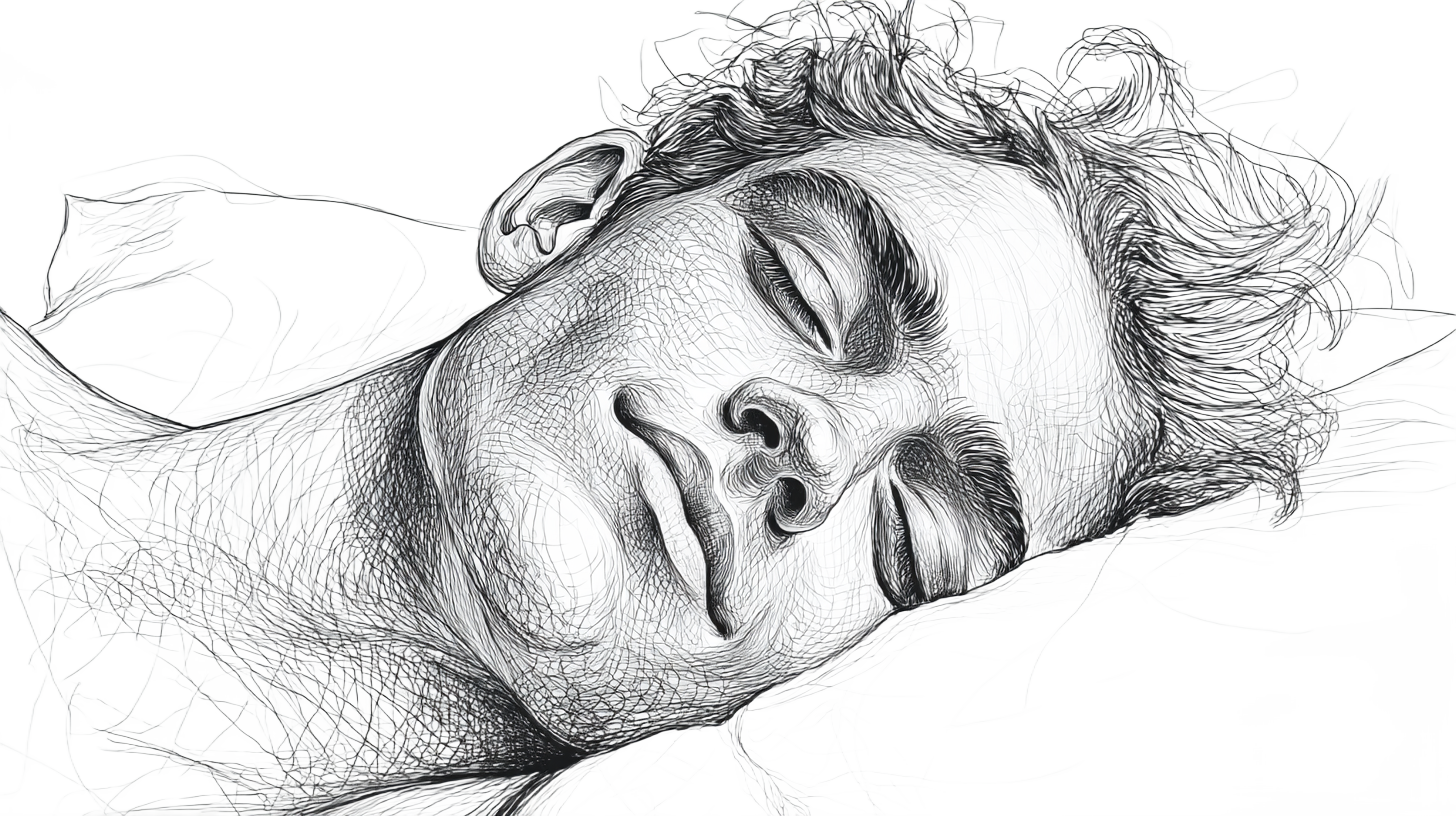 A person's relaxed face with closed eyes, lying on a pillow.