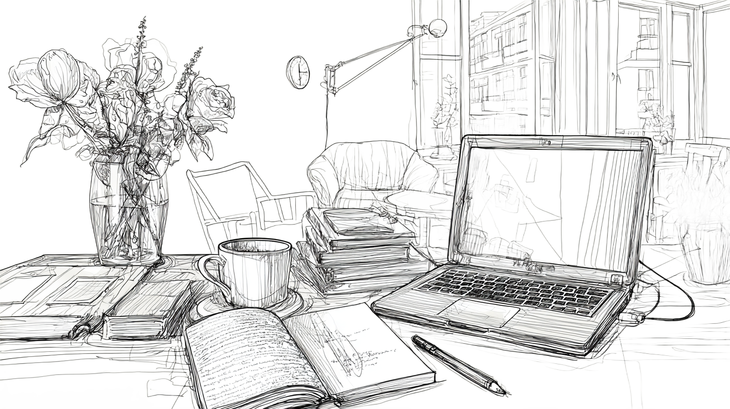 A workspace with an open laptop, stacked books, and a vase of flowers on a desk. Armchair and bookshelves in the background.