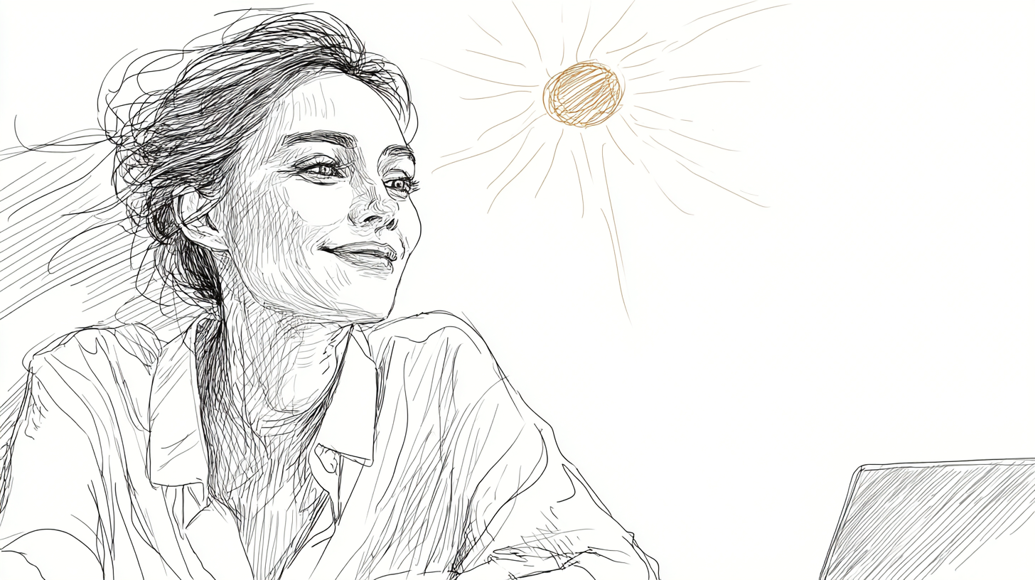 Smiling woman in a loose bun looking upward.