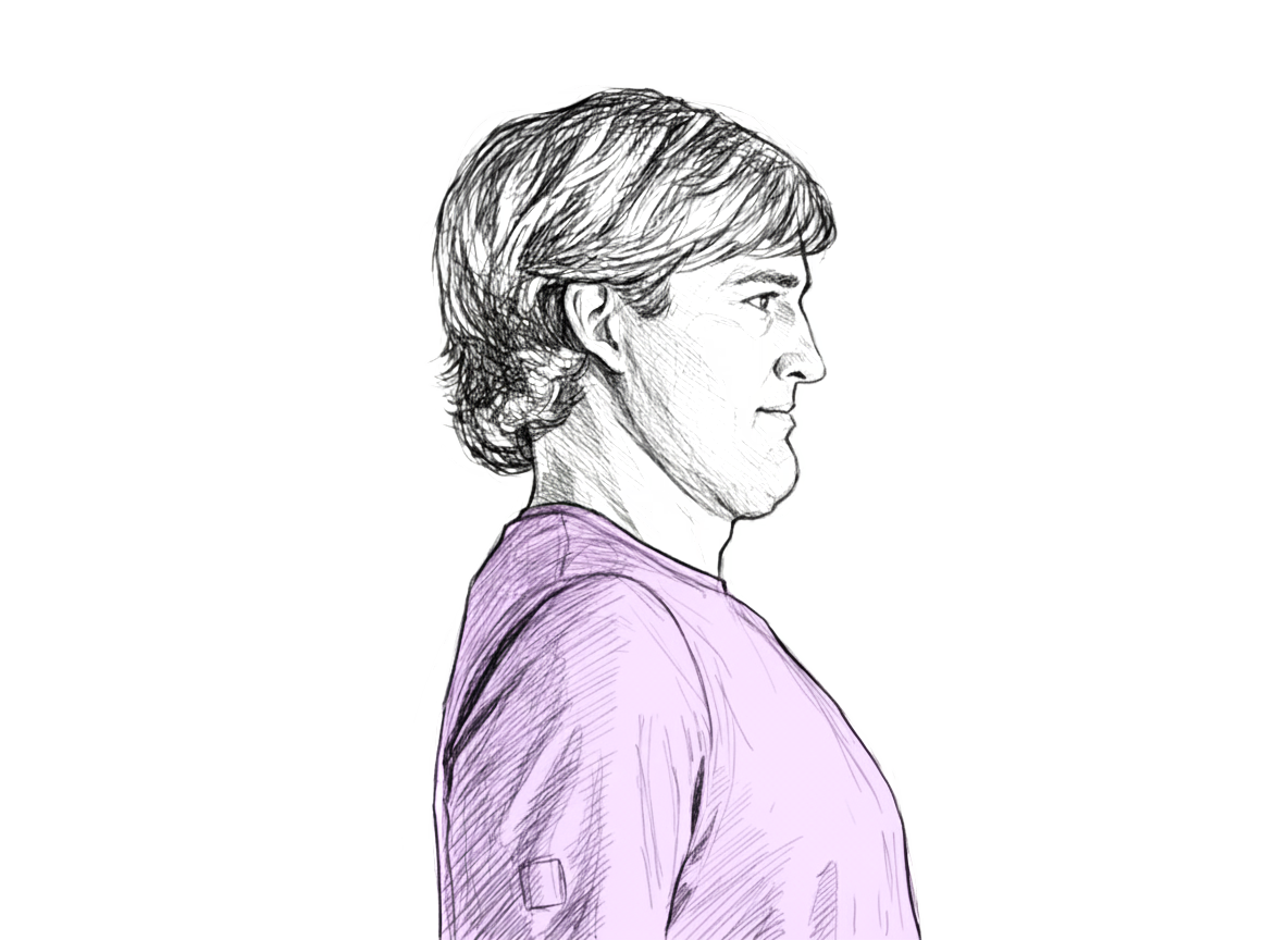 Illustrated side profile of a person in a purple shirt with neutral expression. Black and white sketch with subtle shading, no background.