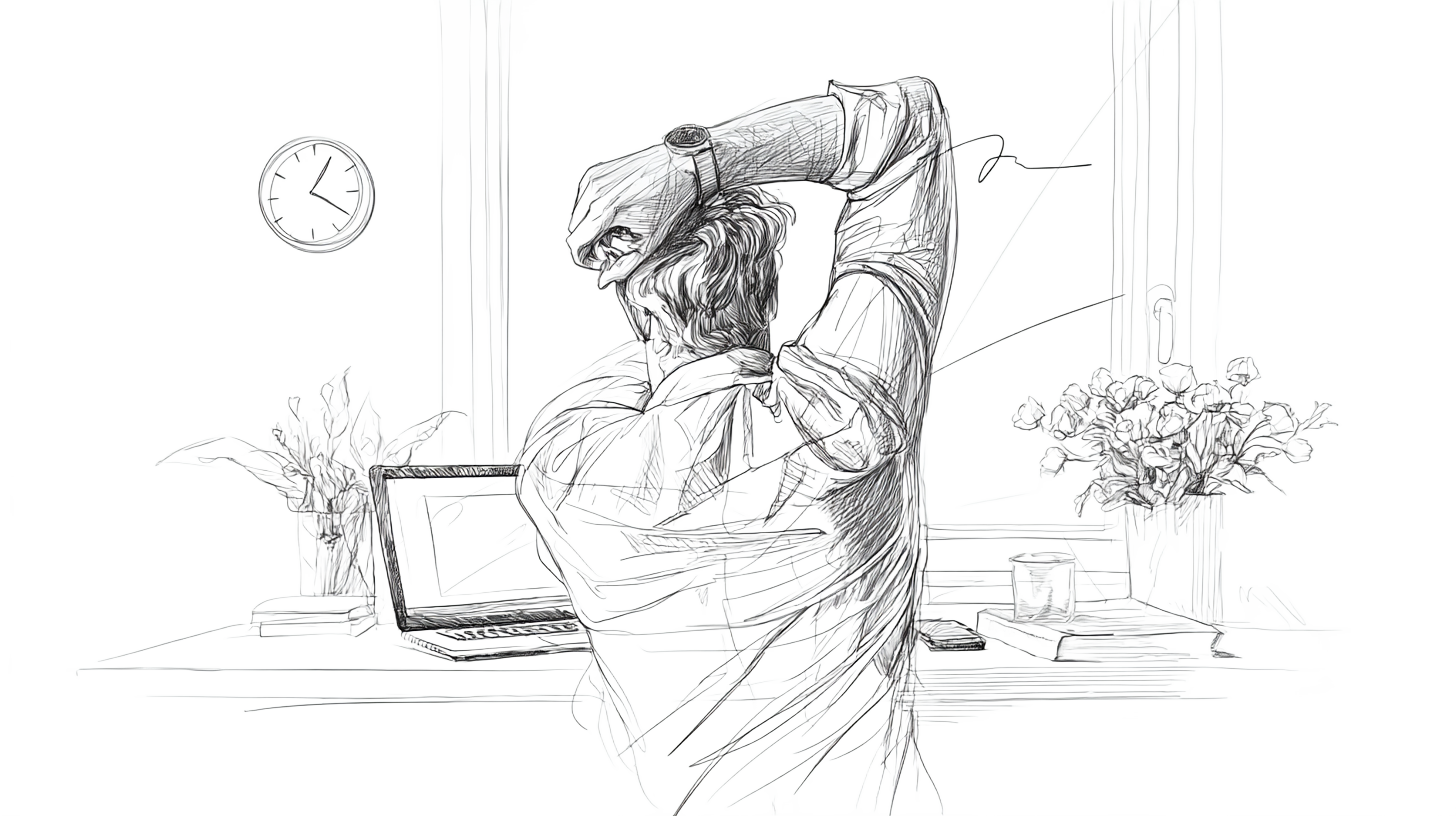 A person at the desk taking a break