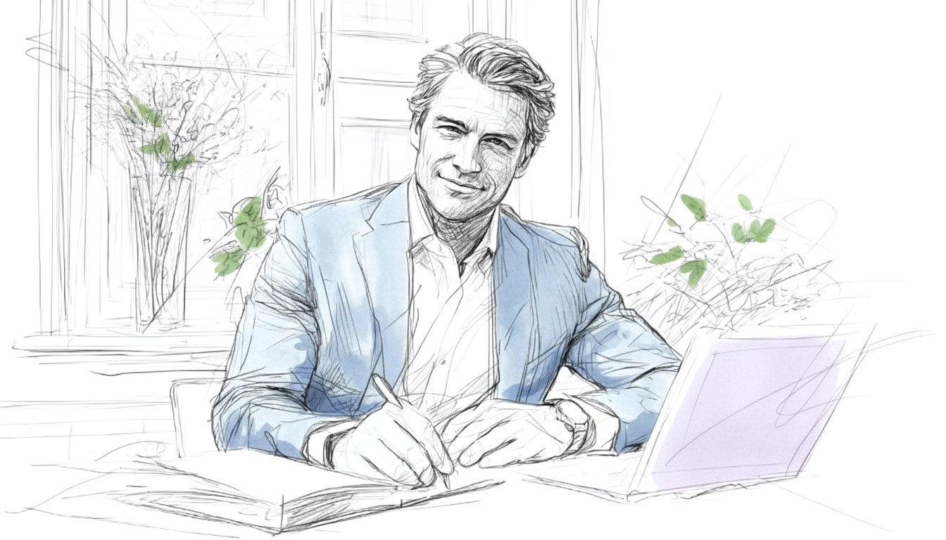 Smiling man in blue suit writing at desk with open book and purple laptop. Flowers and large windows in background. Pleasant, sketchy style.