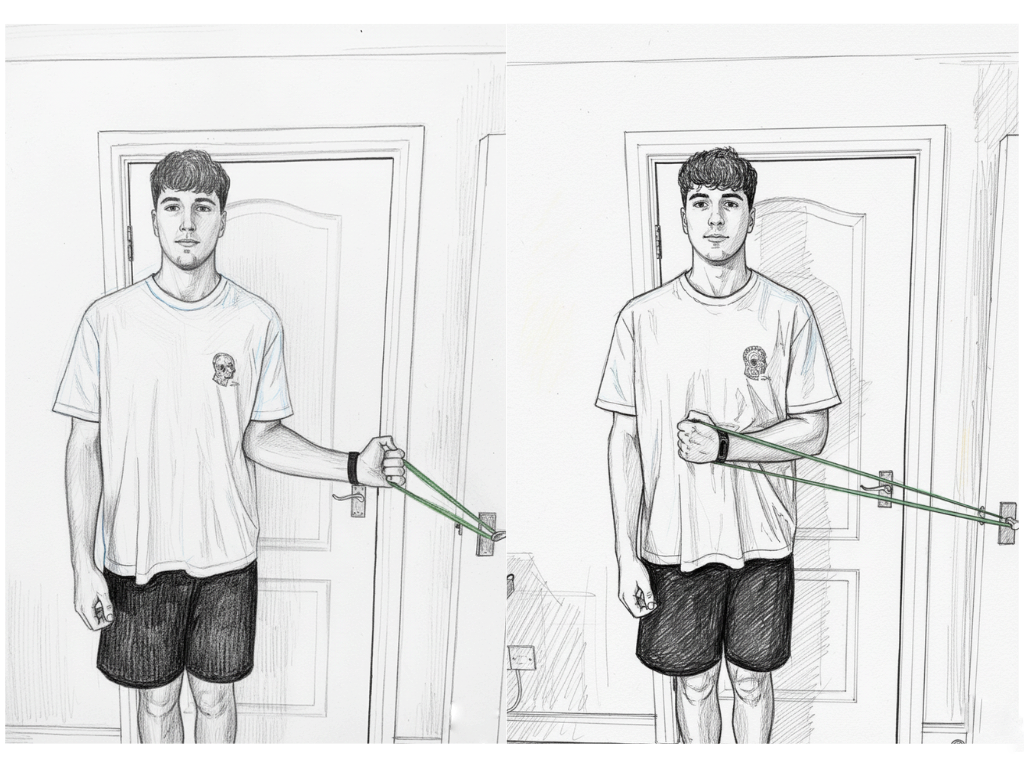 A person in a white t-shirt performs a shoulder exercise with a green resistance band attached to a door. The setting is indoors, mood focused.