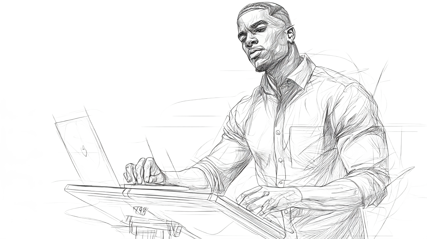 Sketch of a focused man using a laptop. Complex lines create a dynamic feel. Monochrome abstract background adds motion and energy.