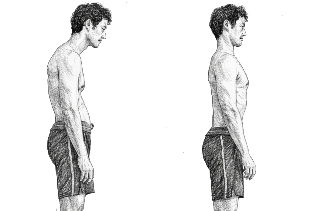 Illustration of a man in two postures: slouched and upright. Wearing shorts, the background is white, emphasizing posture correction.