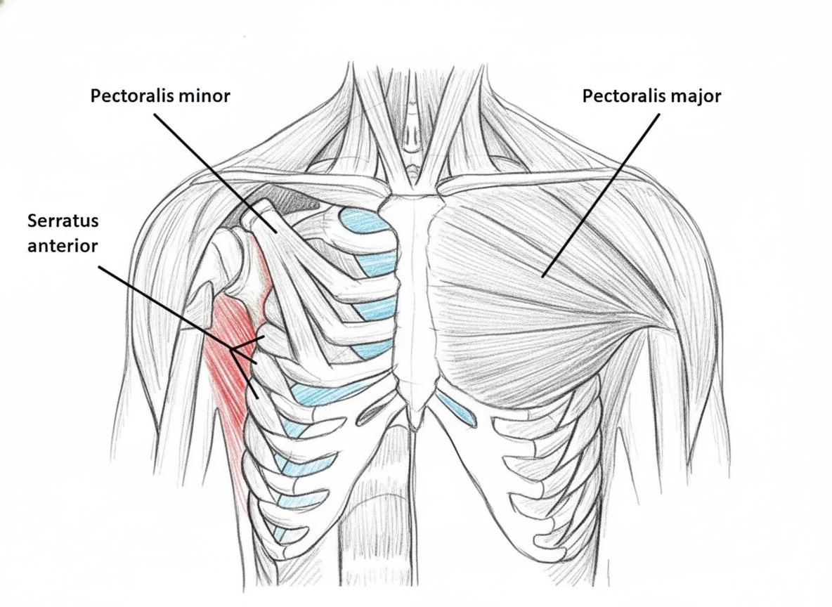 Anatomical drawing showing muscles: pectoralis major, pectoralis minor, and serratus anterior. Labels in black, muscles in shades of red and blue.