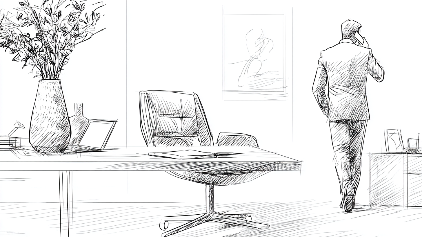 Sketch of an office: a man in a suit on the phone walking away, a desk with a chair, a vase with flowers, and abstract art on the wall.