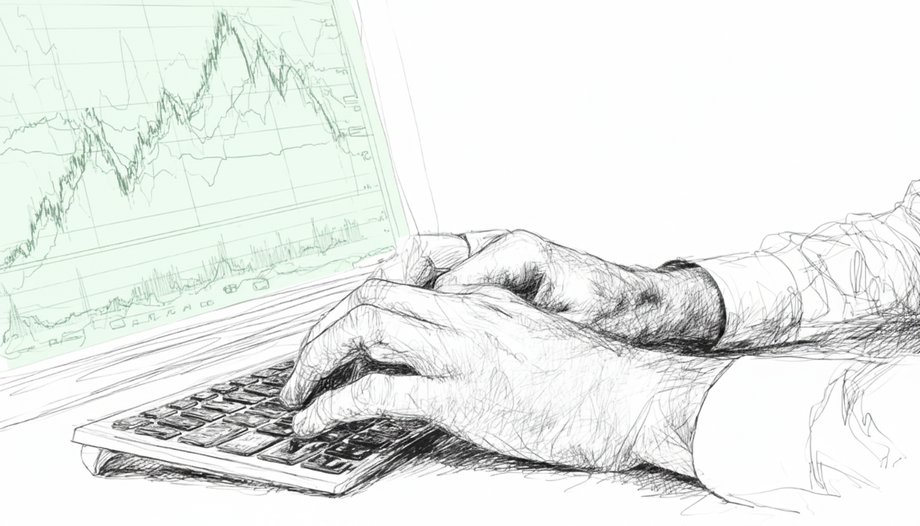 Hands typing on a keyboard and computer screen displaying graphs