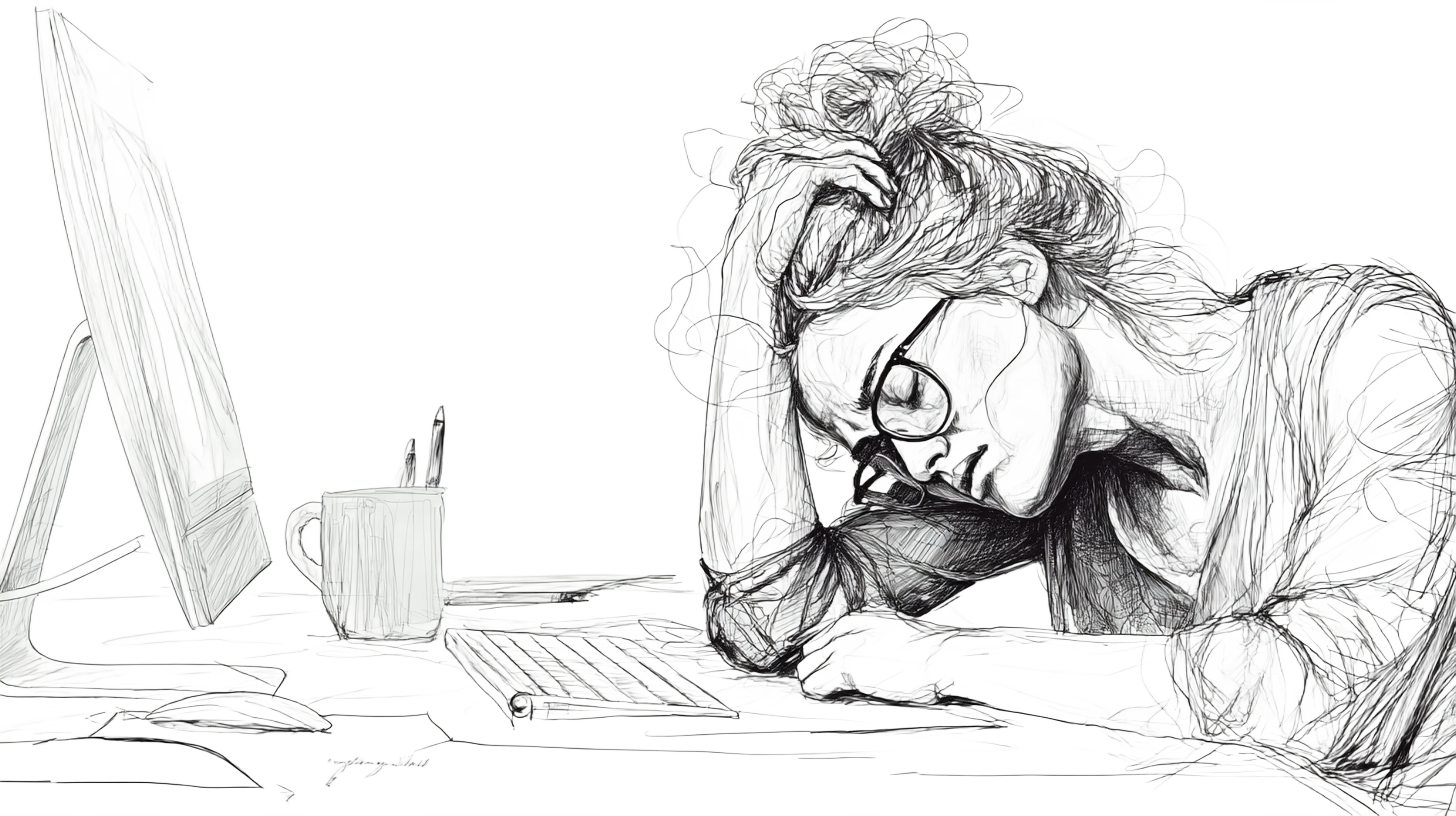 A person with glasses, head in hand, appears exhausted at a desk with a mug, pen holder, and computer.