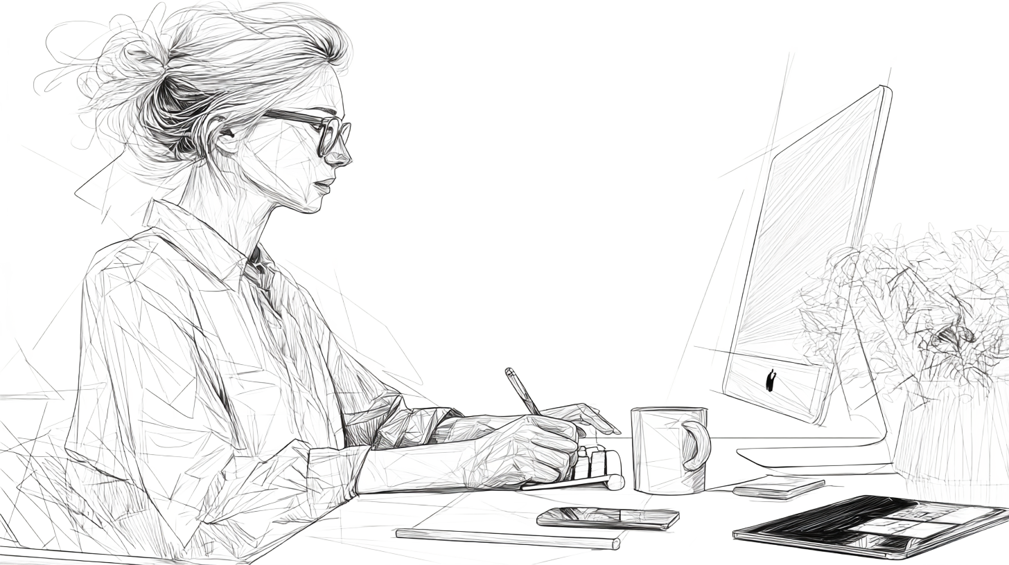 A female professional working with multiple screens in a modern, tidy workspace, sitting with good posture.