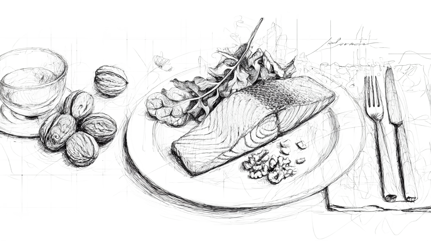 Sketch of a plate with fish and greens, walnuts, and a cup. Fork and knife on the side. Abstract lines fill the background.