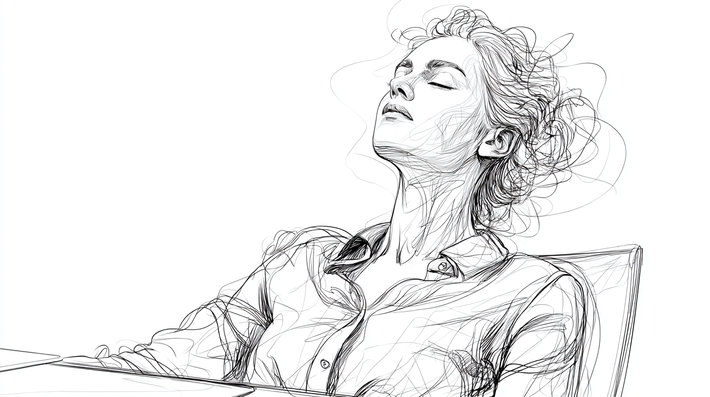 A woman with closed eyes, head tilted back, relaxing on a chair.