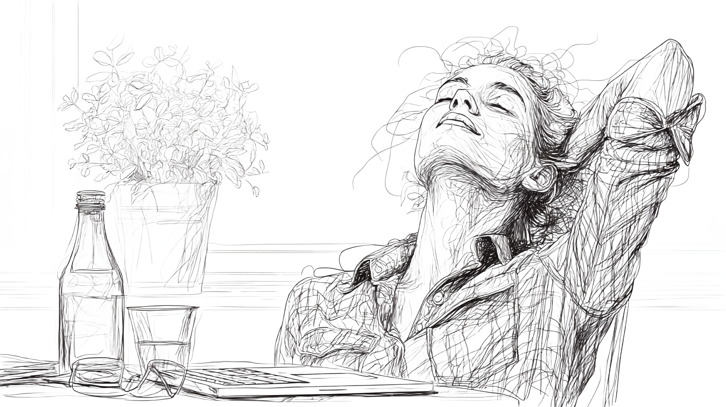 A person at desk gently stretching their neck and head