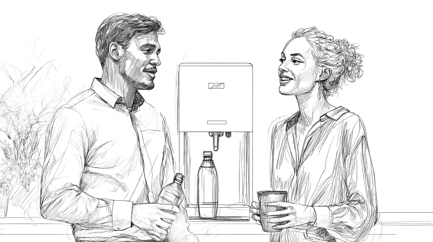 Two people chat cheerfully by a water cooler. One holds a cup, the other a bottle. Background: leafy plants and office setting.
