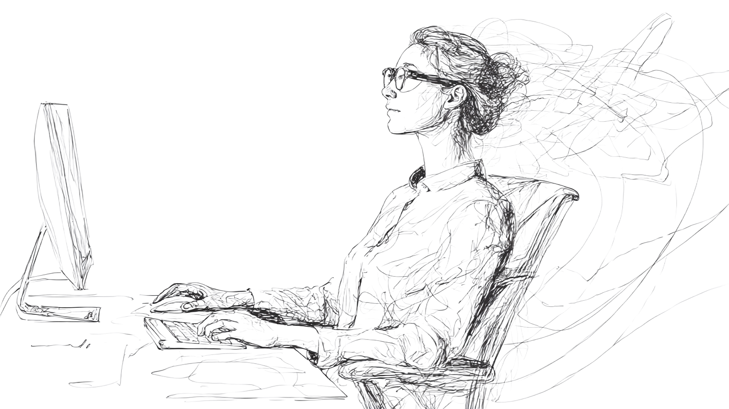 A person working on a computer with an ergonomic setup, comfortable posture, well-lit office, healthy workspace.