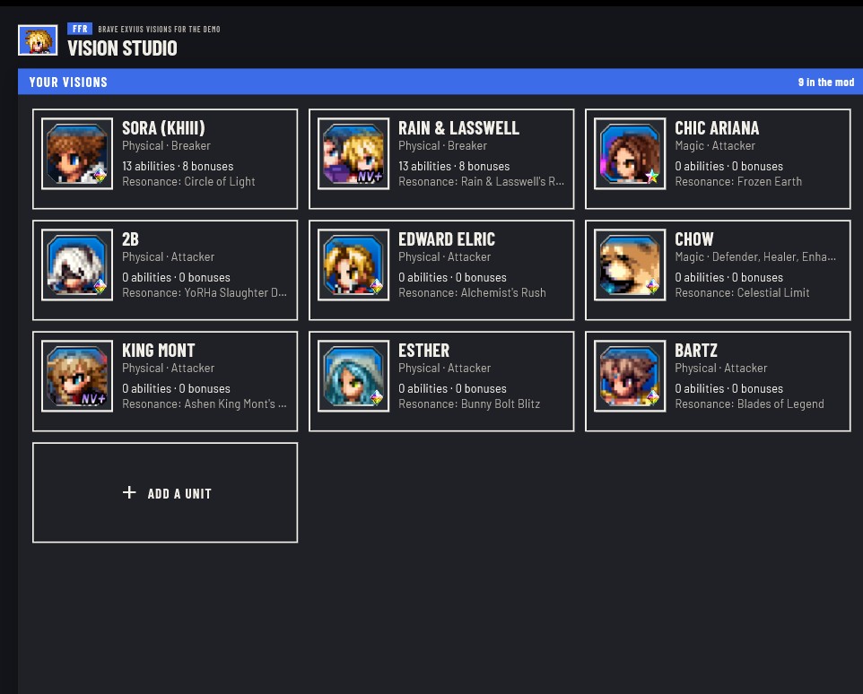 The Vision Studio's unit list, showing nine Brave Exvius units in progress including Sora, Rain and Lasswell, 2B and Edward Elric