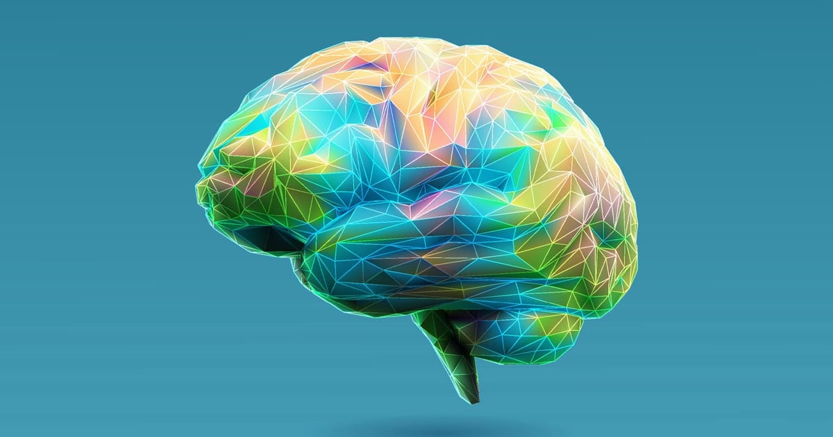 Scanner cérébral stylisé avec des motifs d’ondes et des émotions illustrées autour d’un cerveau jeune